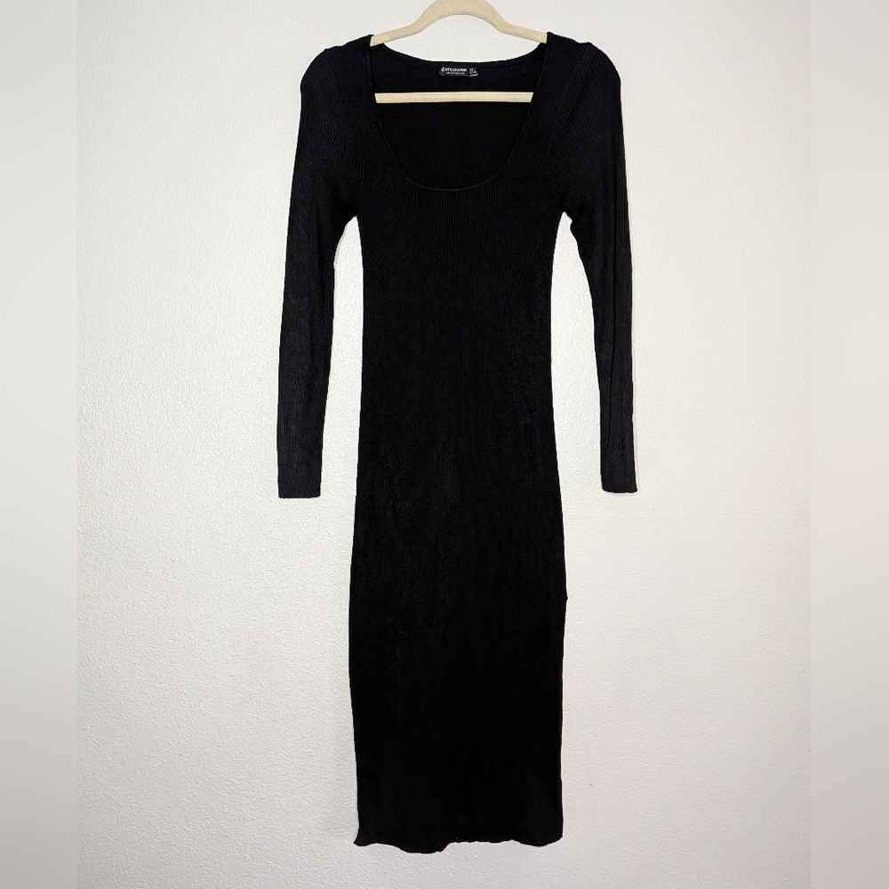 Stradivarius Womens Black Goth Vamp Glam Long Sleeve Bodycon Midi Dress L